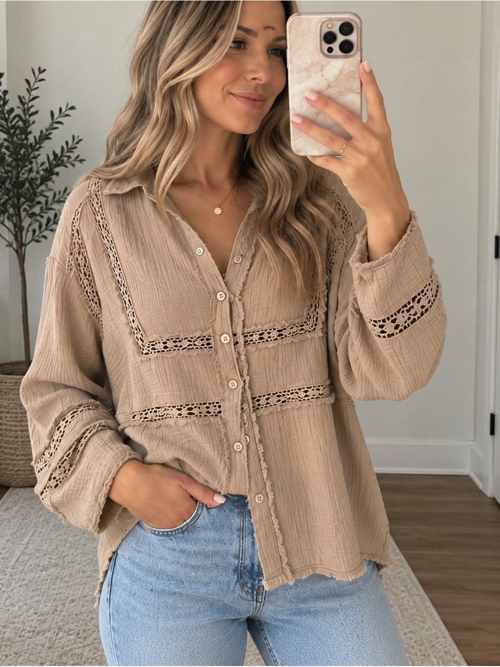 In Loom Boho Crochet Lace Gauze Button Down Blouse L Beige